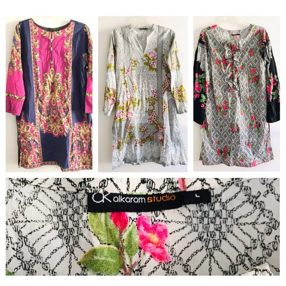 Set of 3 Alkaram Studio Womens Long Sleeve Kurta Tunic Top Size Large Gray Pink - Picture 1 of 16